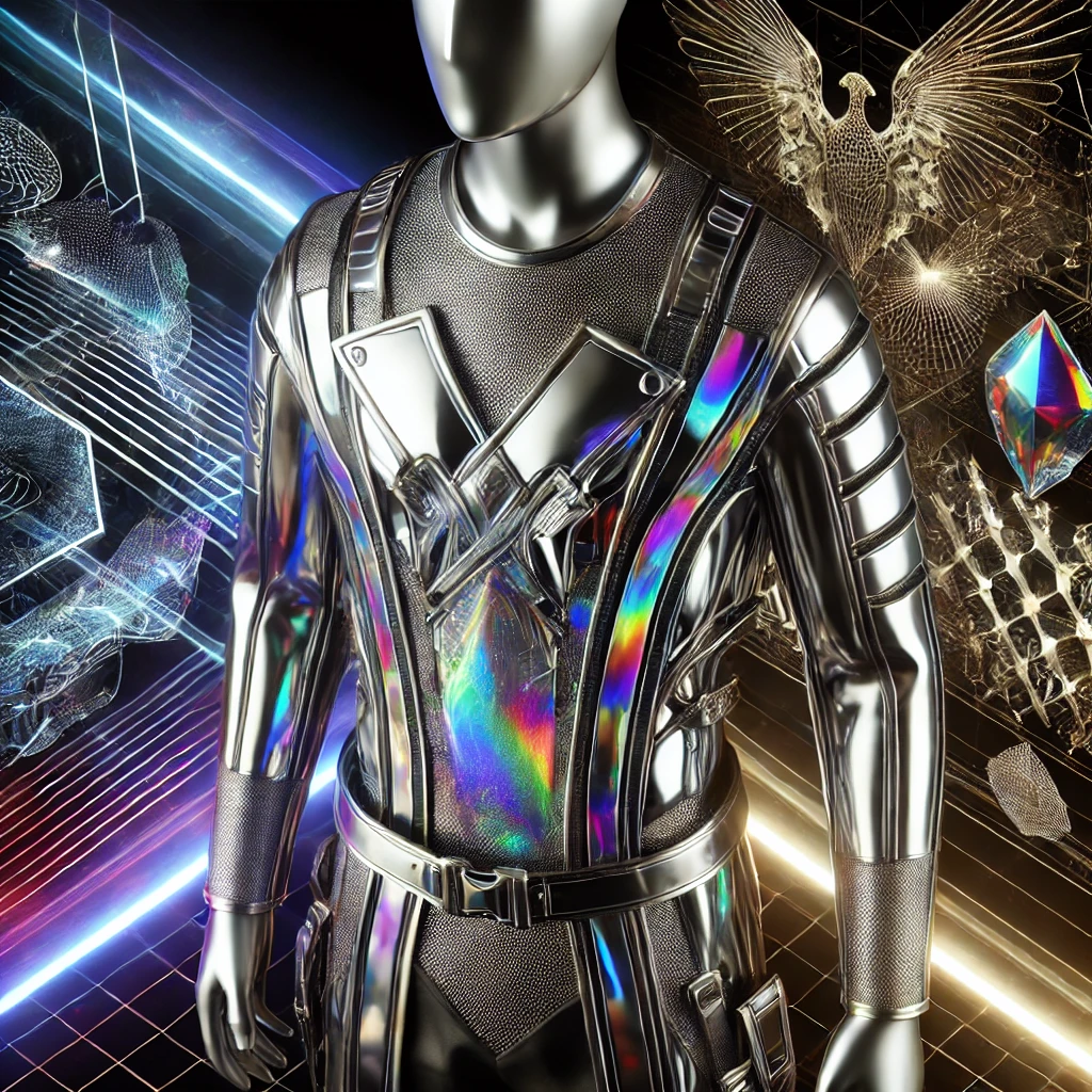 A futuristic bodysuit design featuring sleek metallic surfaces and holographic accents, where chrome-plated armor meets iridescent details creating a stunning interplay of light. Geometric patterns and neon highlights dance across the textured fabric, while crystalline elements in the background echo the suit's avant-garde aesthetic.