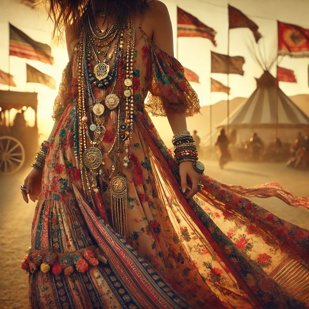 A bohemian floral maxi dress flows gracefully in the golden desert light, adorned with layers of ornate medallion necklaces and bangles, as festival tents and colorful flags dance in the background, capturing the free-spirited essence of festival fashion.