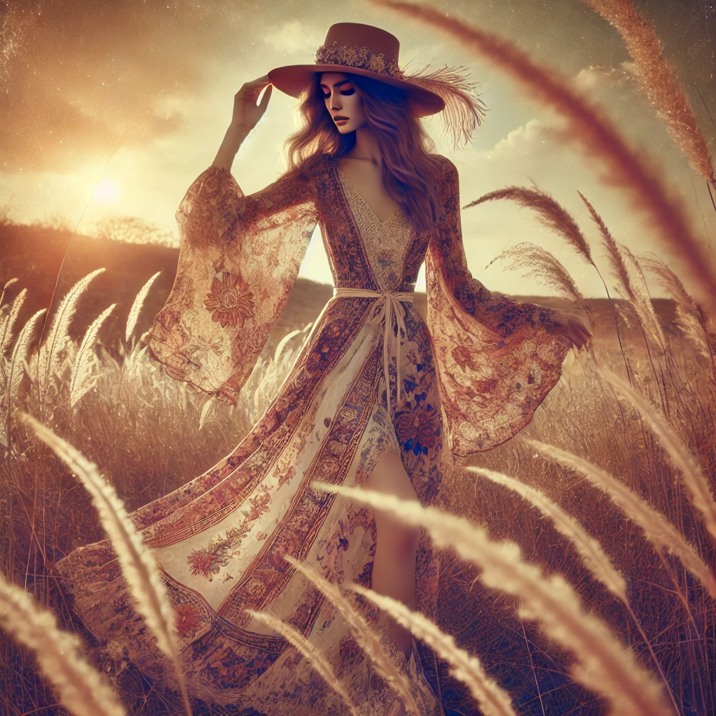 A dreamy figure in a flowing, patterned dress stands gracefully among sun-kissed wheat fields at golden hour, her wide-brimmed hat and bell sleeves creating an ethereal silhouette against the warm sunset sky.