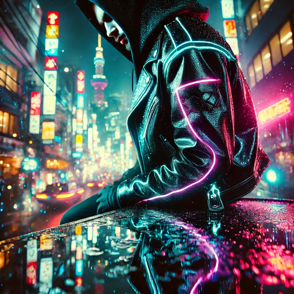 Neon-lit streets of a futuristic Tokyo come alive in this striking cyberpunk image, where a hooded figure in a sleek black jacket adorned with electric blue neon accents stands against a backdrop of vibrant billboards and rain-slicked streets, perfectly capturing the essence of cyberpunk streetwear where high-tech meets urban grit.