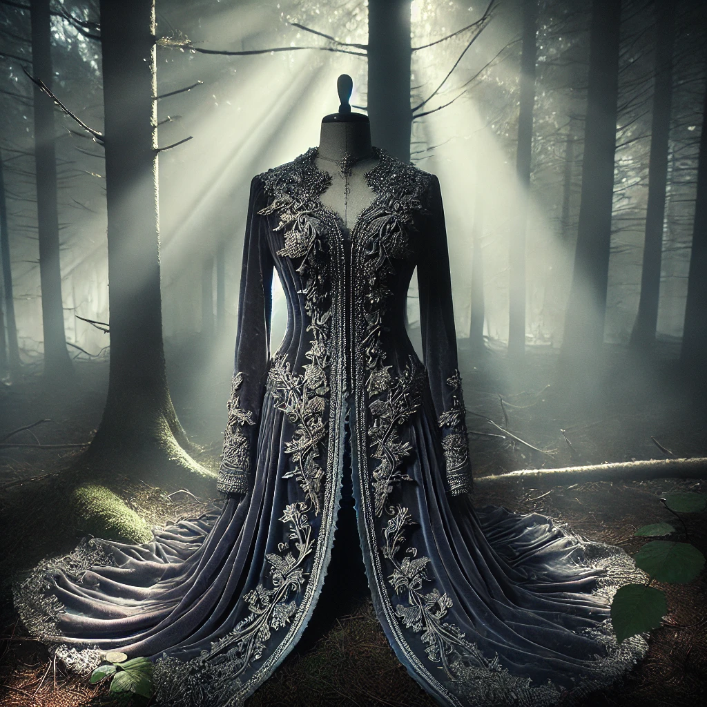 Ethereal elegance meets dark romance in this exquisitely detailed gothic dress, where intricate silver embroidery adorns velvet fabric like frost on a winter's night, standing sentinel in a misty forest bathed in otherworldly light.