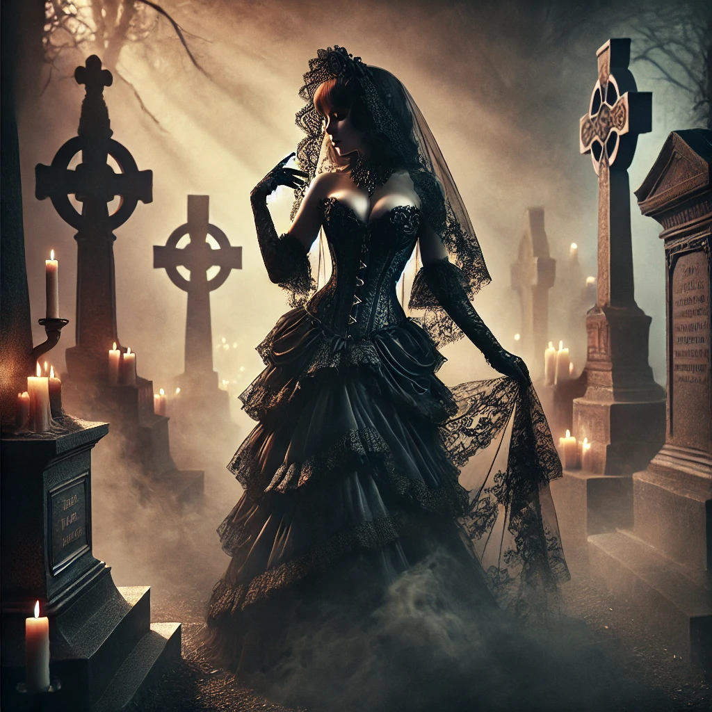 A haunting silhouette stands in a misty graveyard, adorned in an elegant gothic black dress with a corset bodice and cascading lace veil. Celtic crosses and flickering candles create a dramatic backdrop, while ethereal fog swirls at her feet, capturing the perfect blend of Victorian romance and gothic mystique.