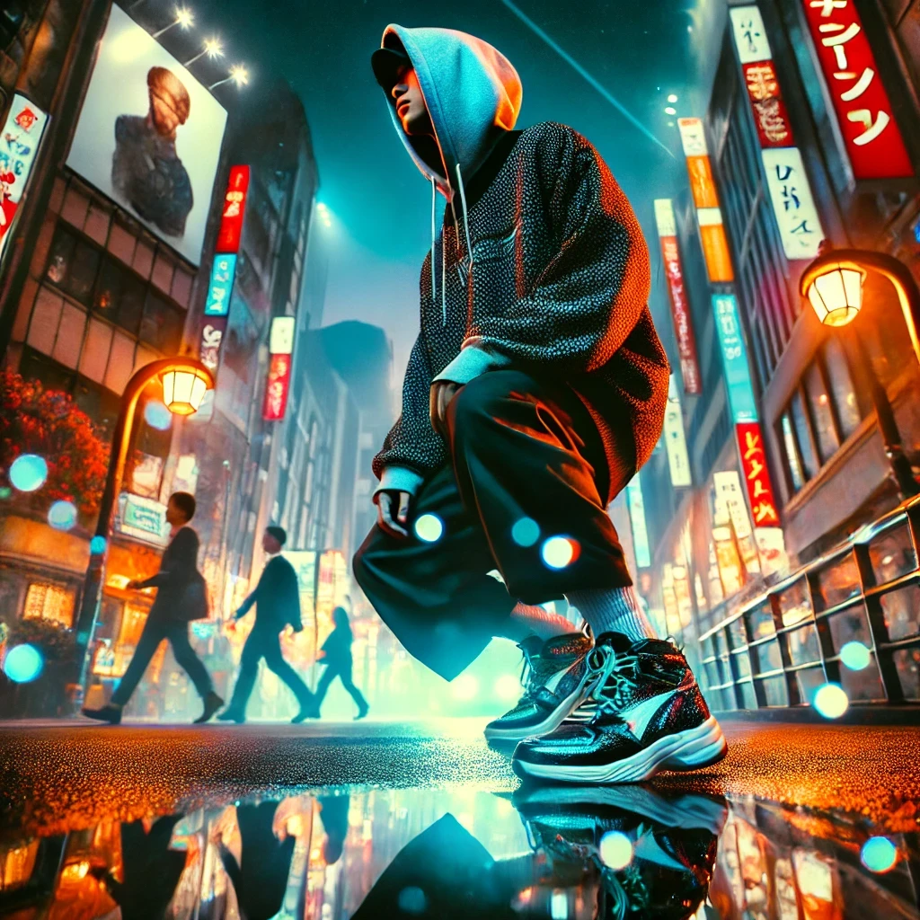 Urban streetwear meets cyberpunk aesthetics in this striking night scene, where a hooded figure stands against the neon-lit backdrop of Japanese street signs. The contrasting turquoise and orange hues create a moody atmosphere, while the rain-slicked streets mirror the city lights, perfectly capturing the essence of modern Japanese street fashion.