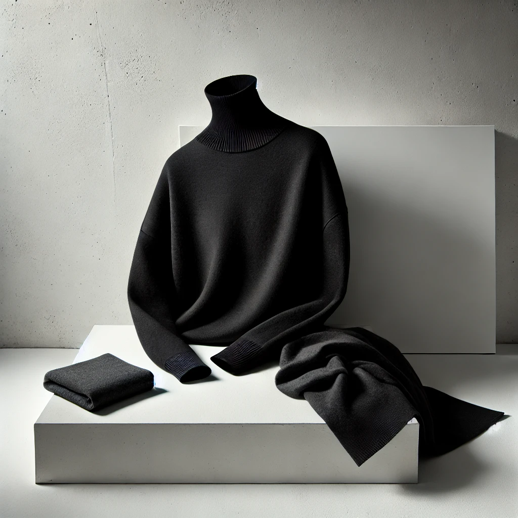 A minimalist composition featuring a black turtleneck sweater artfully arranged with folded knitwear pieces on geometric white platforms, showcasing clean lines and dramatic shadows in a monochromatic studio setting.