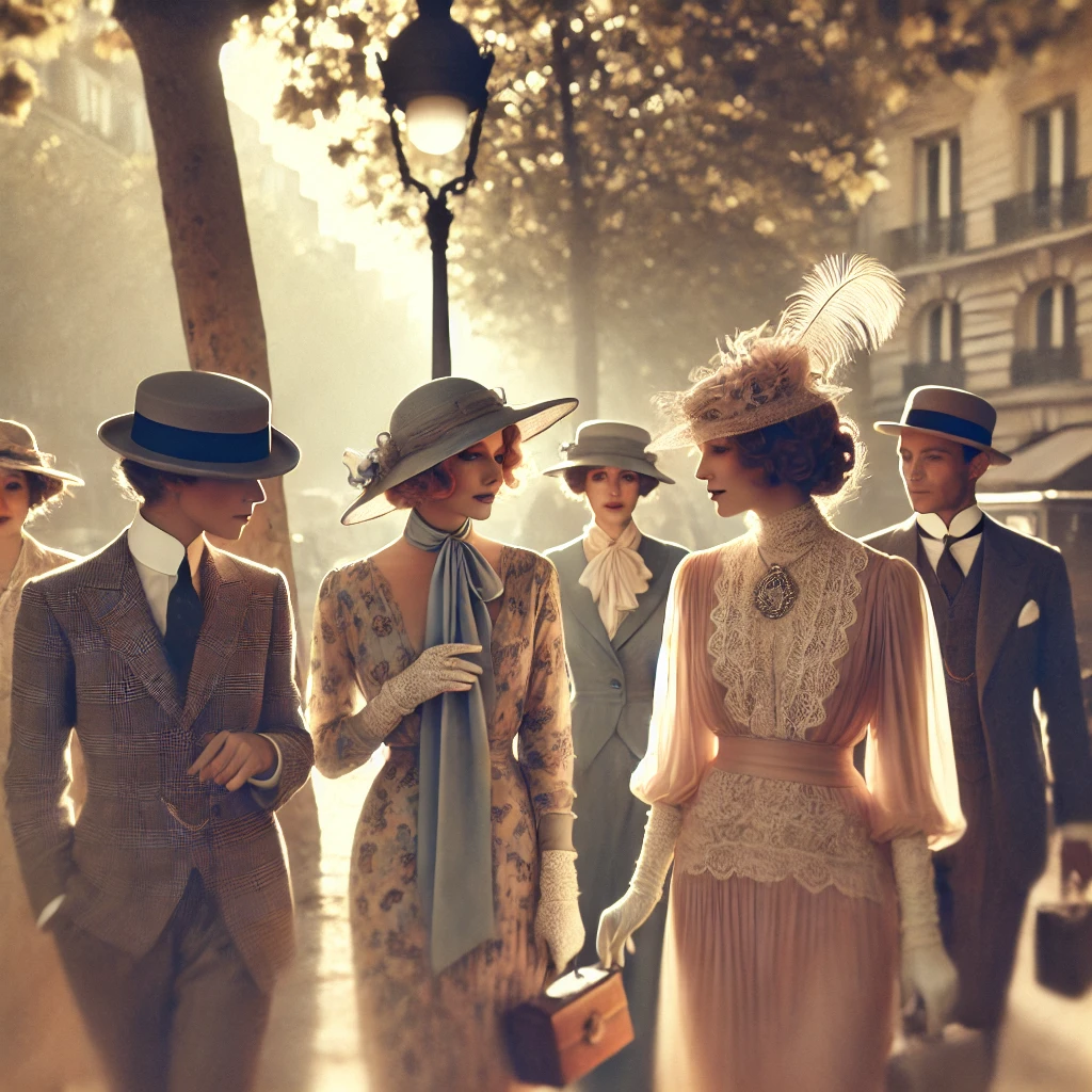 Elegant Parisians in their finest Belle Époque attire gather on a misty boulevard, their silhouettes bathed in golden afternoon light as a street lamp casts its ethereal glow through autumn leaves.